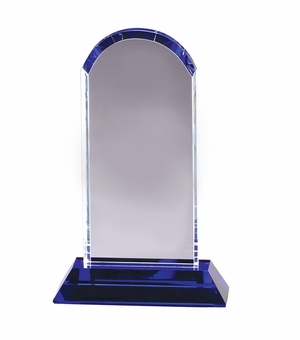 9-1/4 X 6 INCH OPTICAL CRYSTAL TOWER ARCHED TOP ON BLUE BASE