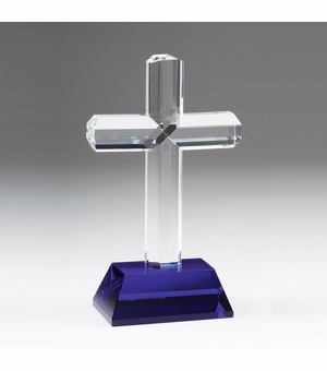 9-3/4 INCH CRYSTAL RELIGIOUS CROSS BLUE CRYSTAL BASE 