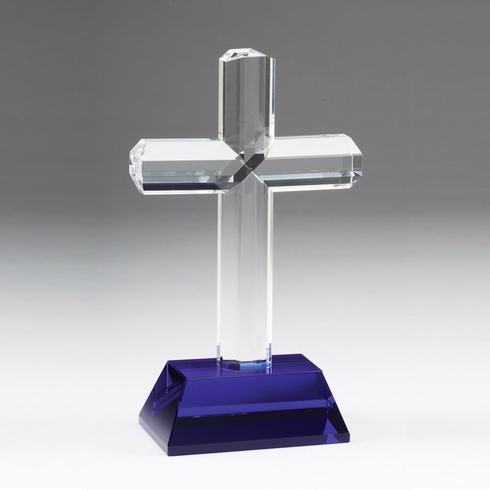 9-3/4 INCH CRYSTAL RELIGIOUS CROSS BLUE CRYSTAL BASE 