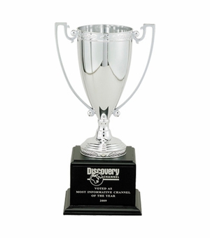 9-3/4 INCH TROPHY WITH 6-3/4 INCH SILVER CUP ON BLACK WOOD BASE