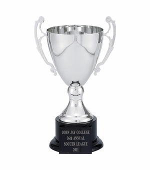 9-3/4 INCH TROPHY WITH 7-3/4 INCH SILVER CUP ON BLACK BASE