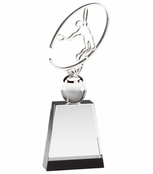 9 3/4" x 3 1/2" METAL TENNIS SCULPTURE ON CRYSTAL BASE WITH BALL