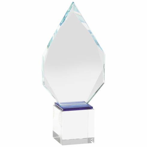 9-3/4 x 4-1/2 INCH OPTICAL CRYSTAL ARROW HEAD AWARD WITH A BLUE BOTTOM ON SQUARE CRYSTAL BASE