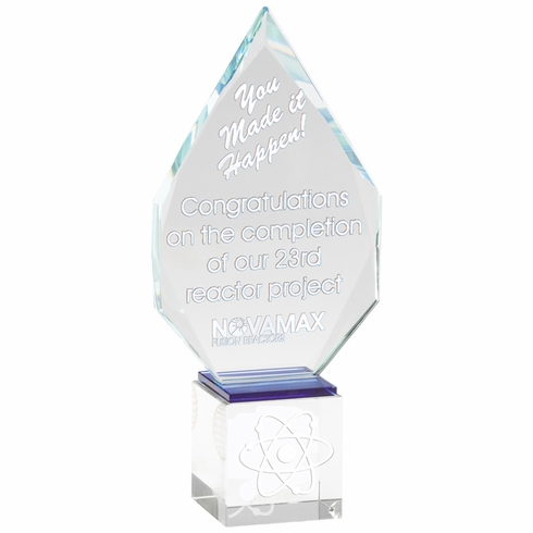 9-3/4 x 4-1/2 INCH OPTICAL CRYSTAL ARROW HEAD AWARD WITH A BLUE BOTTOM ON SQUARE CRYSTAL BASE