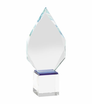 9-3/4 x 4-1/2 INCH OPTICAL CRYSTAL ARROW HEAD AWARD WITH A BLUE BOTTOM ON SQUARE CRYSTAL BASE