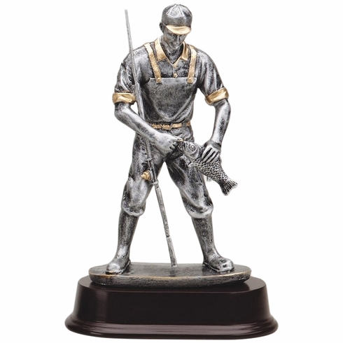 9 INCH ANTIQUE SILVER AND GOLD RESIN FISHERMAN TROPHY ON BLACK RESIN BASE