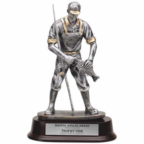 9 INCH ANTIQUE SILVER AND GOLD RESIN FISHERMAN TROPHY ON BLACK RESIN BASE