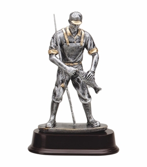 9 INCH ANTIQUE SILVER AND GOLD RESIN FISHERMAN TROPHY ON BLACK RESIN BASE