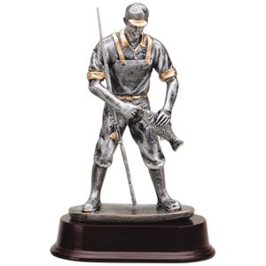 9 INCH ANTIQUE SILVER AND GOLD RESIN FISHERMAN TROPHY ON BLACK RESIN BASE