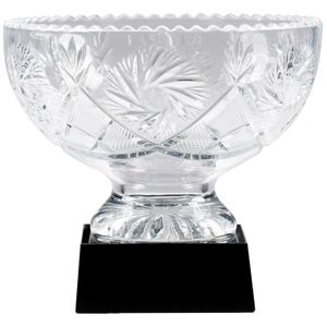 9 INCH DIAMETER HAND CUT CRYSTAL BOWL MOUNTED ON BLACK CRYSTAL BASE 