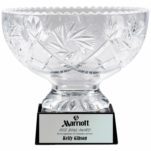 9 INCH DIAMETER HAND CUT CRYSTAL BOWL MOUNTED ON BLACK CRYSTAL BASE 