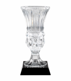 9 INCH DIAMETER HAND CUT CRYSTAL VASE MOUNTED ON BLACK CRYSTAL BASE 
