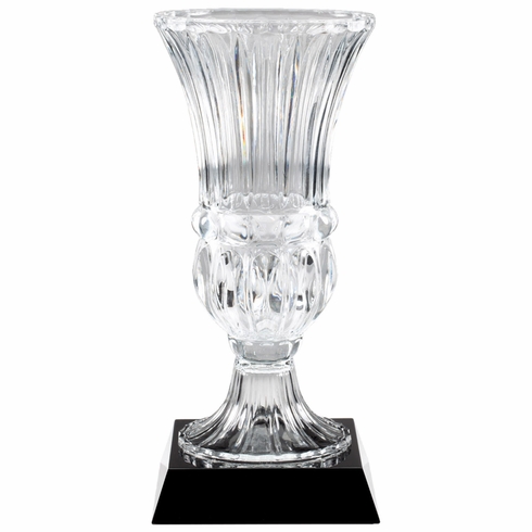 9 INCH DIAMETER HAND CUT CRYSTAL VASE MOUNTED ON BLACK CRYSTAL BASE 