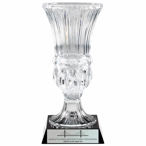 9 INCH DIAMETER HAND CUT CRYSTAL VASE MOUNTED ON BLACK CRYSTAL BASE 