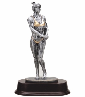 9 INCH FEMALE BODY BUILDER ANTIQUE SILVER FINISH TROPHY