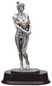 9 INCH FEMALE BODY BUILDER ANTIQUE SILVER FINISH TROPHY