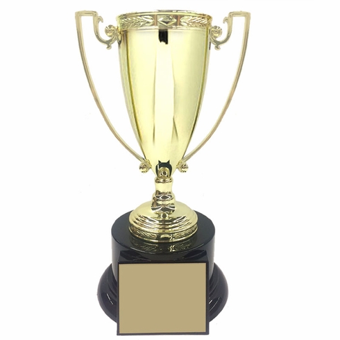 9 INCH HEIGHT DIE CAST METAL GOLD CUP TROPHY ON BLACK BASE