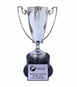 9 INCH HEIGHT DIE CAST SILVER METAL CUP TROPHY ON BLACK BASE