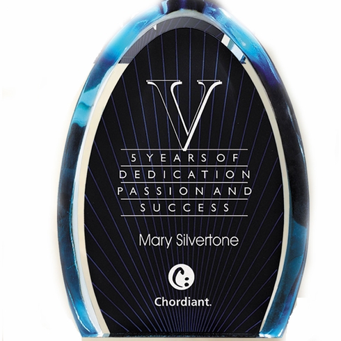 9 INCH OVAL TINTED BLUE ACRYLIC AWARD WITH BLACK SUN RAY CENTER