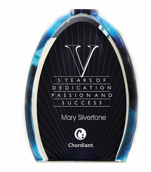 9 INCH OVAL TINTED BLUE ACRYLIC AWARD WITH BLACK SUN RAY CENTER