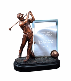 9" MALE GOLFER TROPHY ELECTROPLATED BRONZE WITH ENGRAVING GLASS
