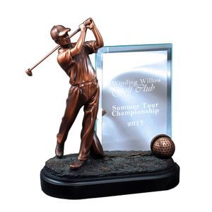 9" MALE GOLFER TROPHY ELECTROPLATED BRONZE WITH ENGRAVING GLASS