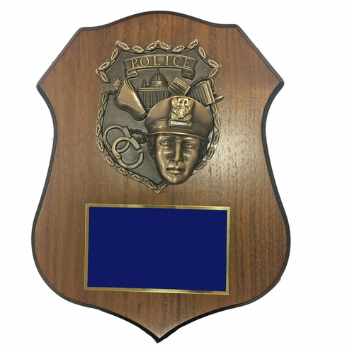9 X 11-1/2 INCH POLICE PLAQUE ON WALNUT VENEER SHIELD SHAPE BOARD 