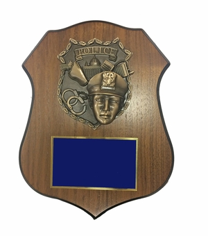 9 X 11-1/2 INCH POLICE PLAQUE ON WALNUT VENEER SHIELD SHAPE BOARD 