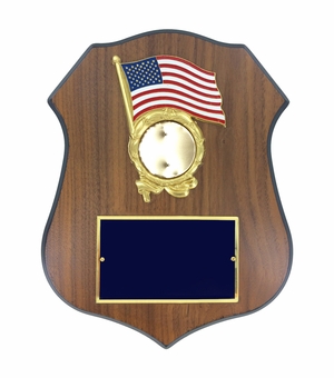 9 X 11-1/2 INCH POLICE SHIELD SHAPE PLAQUE WITH AMERICAN FLAG WREATH