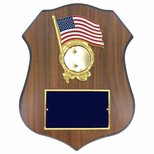 9 X 11-1/2 INCH POLICE SHIELD SHAPE PLAQUE WITH AMERICAN FLAG WREATH