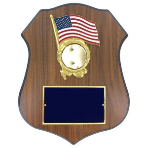 9 X 11-1/2 INCH POLICE SHIELD SHAPE PLAQUE WITH AMERICAN FLAG WREATH