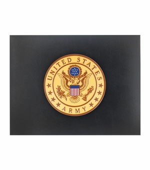 9 x 11-3/4 INCH BLACK CERTIFICATE HOLDER WITH 4 INCH GOLD UNITED STATES ARMY INSIGNIA MEDALLION