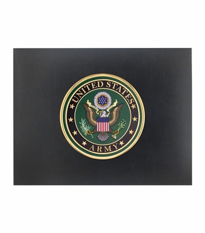 9 x 11-3/4 INCH BLACK CERTIFICATE HOLDER WITH 4 INCH UNITED STATES ARMY INSIGNIA MEDALLION 