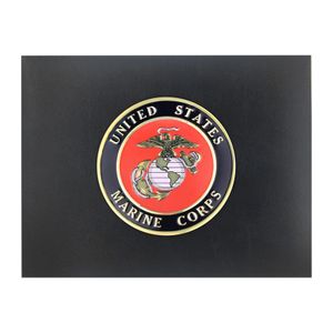 9 x 11-3/4 INCH BLACK PADDED CERTIFICATE HOLDER WITH 4 INCH UNITED STATESMARINE CORPS INSIGNIA MEDALLION