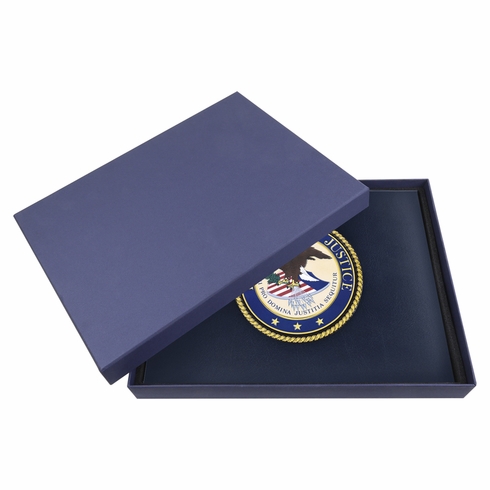 9 x 11-3/4 INCH BLUE CERTIFICATE HOLDER WITH 4 INCH DEPARTMENT OF JUSTICE EMBOSSED PRINTED ALUMINUM MEDALLION 