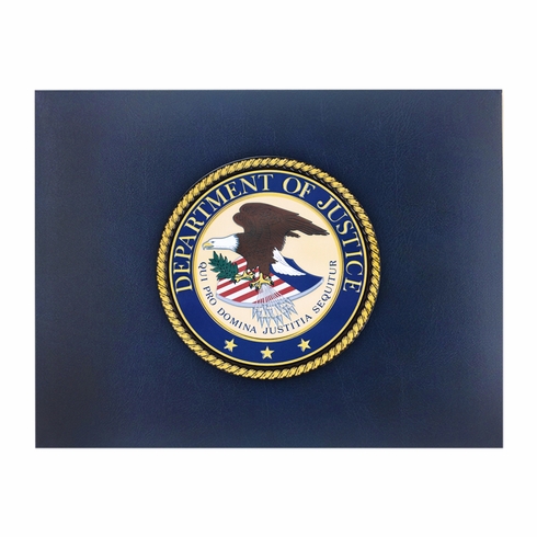 9 x 11-3/4 INCH BLUE CERTIFICATE HOLDER WITH 4 INCH DEPARTMENT OF JUSTICE EMBOSSED PRINTED ALUMINUM MEDALLION 