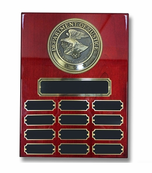 9 X 12 DEPARTMENT OF JUSTICE PERPETUAL PLAQUE ON PIANO FINISH CHERRY BOARD
