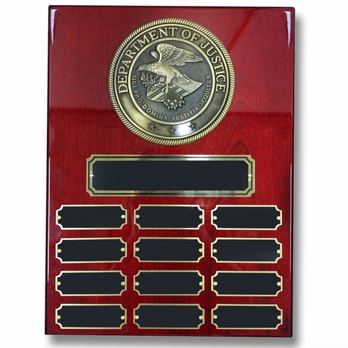 9 X 12 DEPARTMENT OF JUSTICE PERPETUAL PLAQUE ON PIANO FINISH CHERRY BOARD