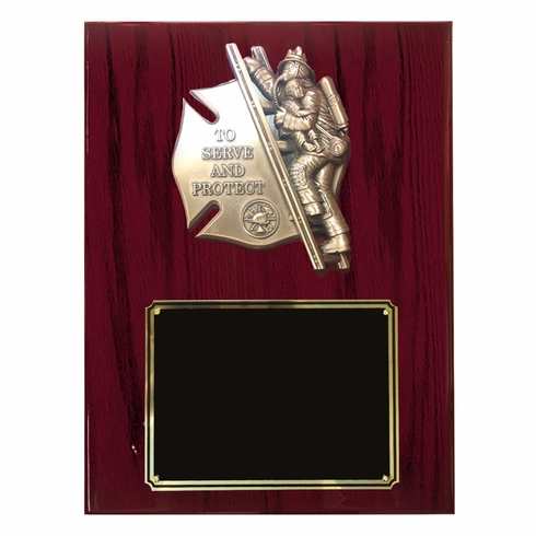 9 X 12 FIREFIGHTER WITH CHILD PIANO CHERRY FINISHED PLAQUE 