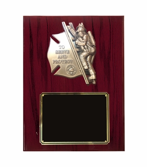 9 X 12 FIREFIGHTER WITH CHILD PIANO CHERRY FINISHED PLAQUE 