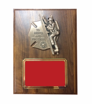 9 X 12 FIREFIGHTER WITH CHILD WALNUT VENEER PLAQUE 