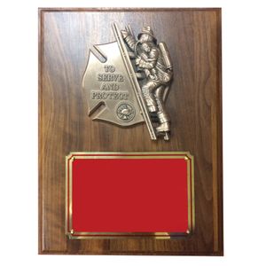 9 X 12 FIREFIGHTER WITH CHILD WALNUT VENEER PLAQUE 