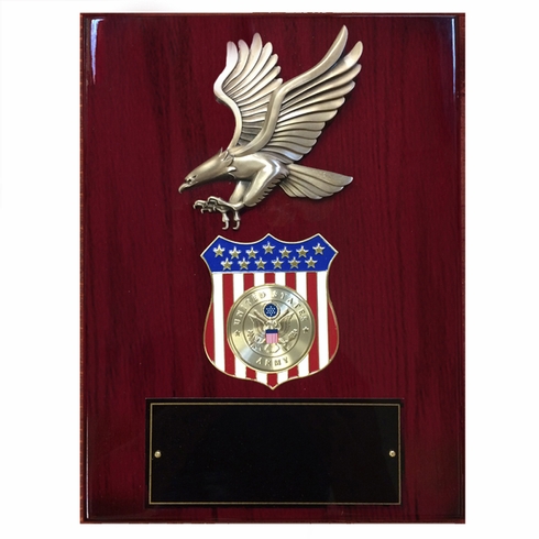 9 X 12 INCH EAGLE AND AMERICAN SHIELD PLAQUE HOLDS 2 INCH MILITARY INSERT