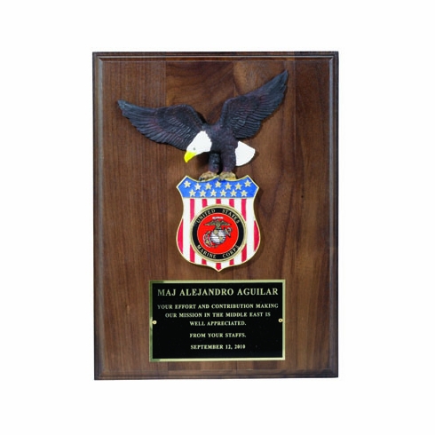 9 X 12 INCH EAGLE PLAQUE WALNUT FINISH TAKES 2 INCH  MEDALLION