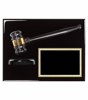 9 x 12 INCH EBONY PIANO FINISH GAVEL PLAQUE WITH GAVEL BLOCK AND BLACK ENGRAVING PLATE