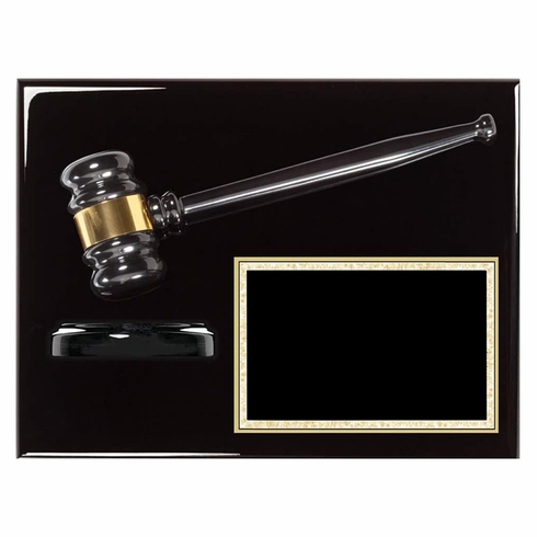 9 x 12 INCH EBONY PIANO FINISH GAVEL PLAQUE WITH GAVEL BLOCK AND BLACK ENGRAVING PLATE