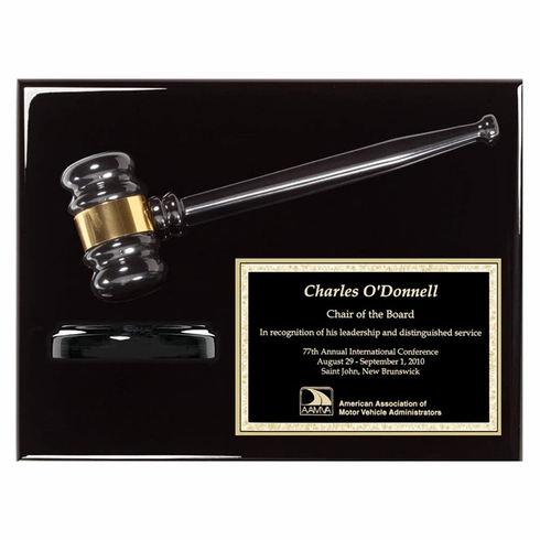 9 x 12 INCH EBONY PIANO FINISH GAVEL PLAQUE WITH GAVEL BLOCK AND BLACK ENGRAVING PLATE