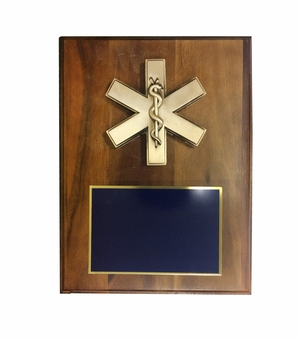 9 X 12 INCH EMT\PARAMEDIC STAR OF LIFE PLAQUE ON WALNUT VENEER BOARD