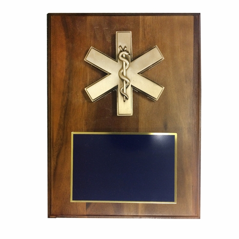 9 X 12 INCH EMT\PARAMEDIC STAR OF LIFE PLAQUE ON WALNUT VENEER BOARD
