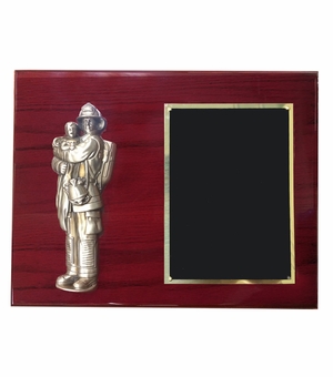 9 X 12 INCH FIRE FIGHTER HOLDING CHILD ON PIANO FINISH CHERRY PLAQUE